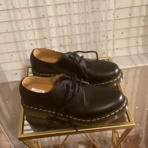 Dr. Martens Black Leather Oxfords with Yellow Stitching